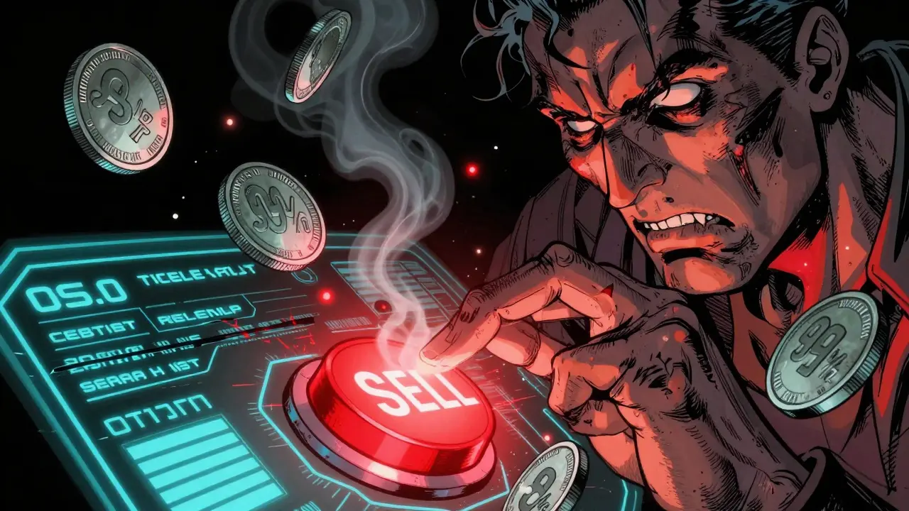 Hand hovering over glitching sell button as coins dissolve into smoke