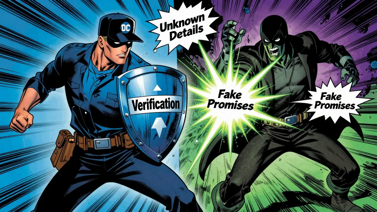 Heroic detective fighting scammer villain with verification shield