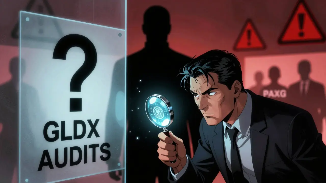 Investor examining a risky crypto token while anonymous figures lurk in shadows