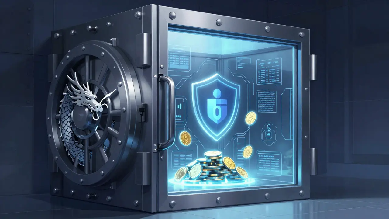 Secure digital vault with dragon motifs protecting crypto assets in DC style