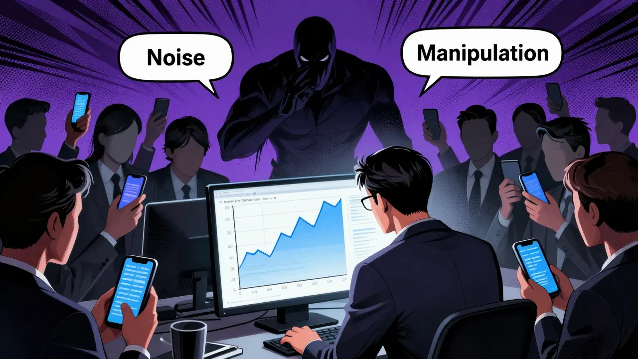 Shadowy figure manipulating crowd while trader stays focused