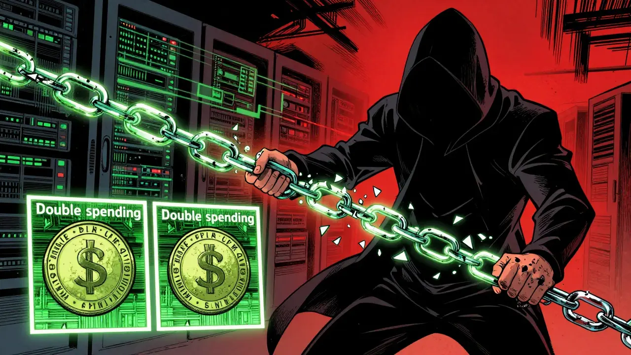 Shadowy hacker manipulating a broken blockchain chain