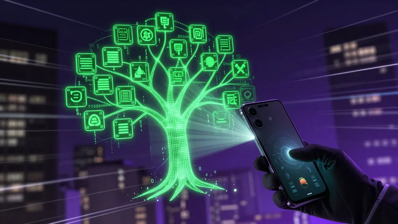 Smartphone verifying transaction via glowing green Merkle tree structure