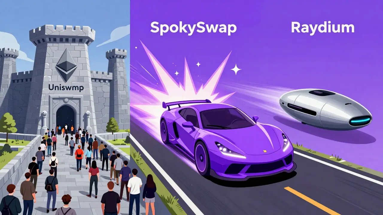 Speed comparison of SpookySwap, Uniswap, and Raydium