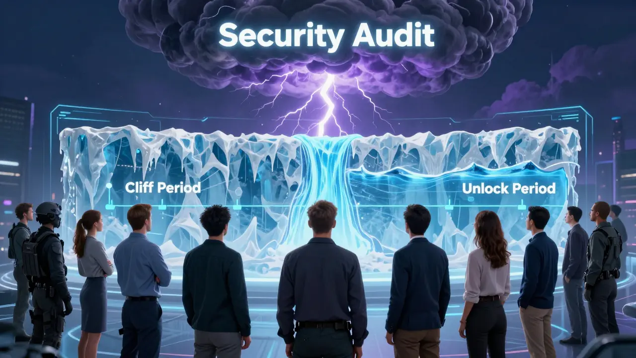 Stakeholders review vesting timeline and security audit in DC style