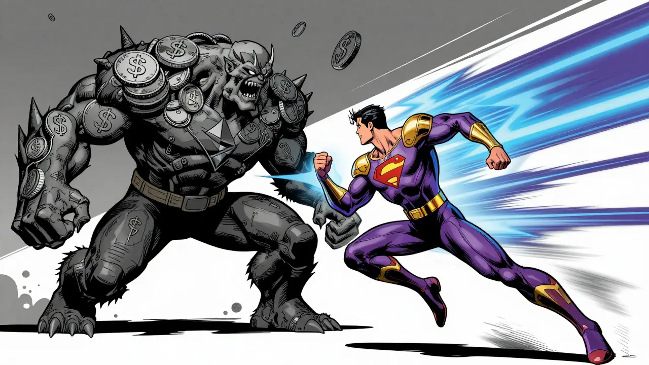 Superhero dodging a giant coin monster representing high gas fees in DC art