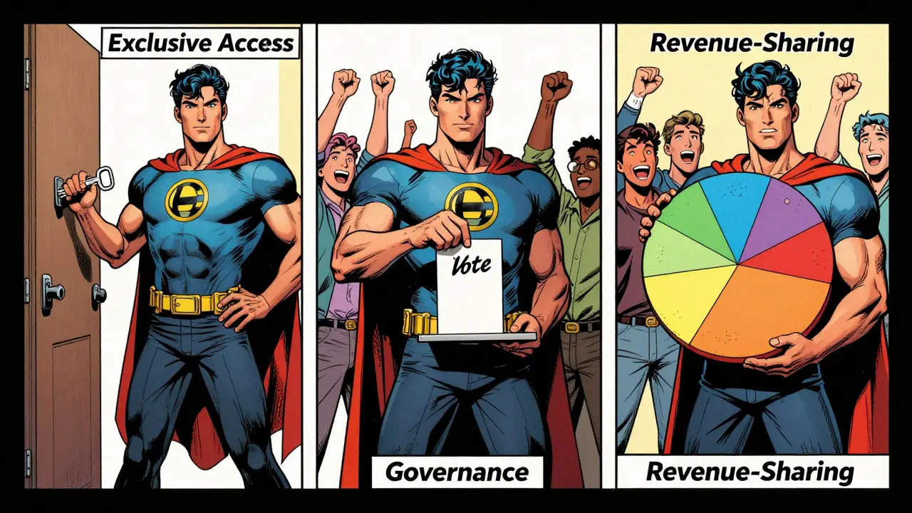 Three heroes representing utility, governance, and revenue-sharing tokens