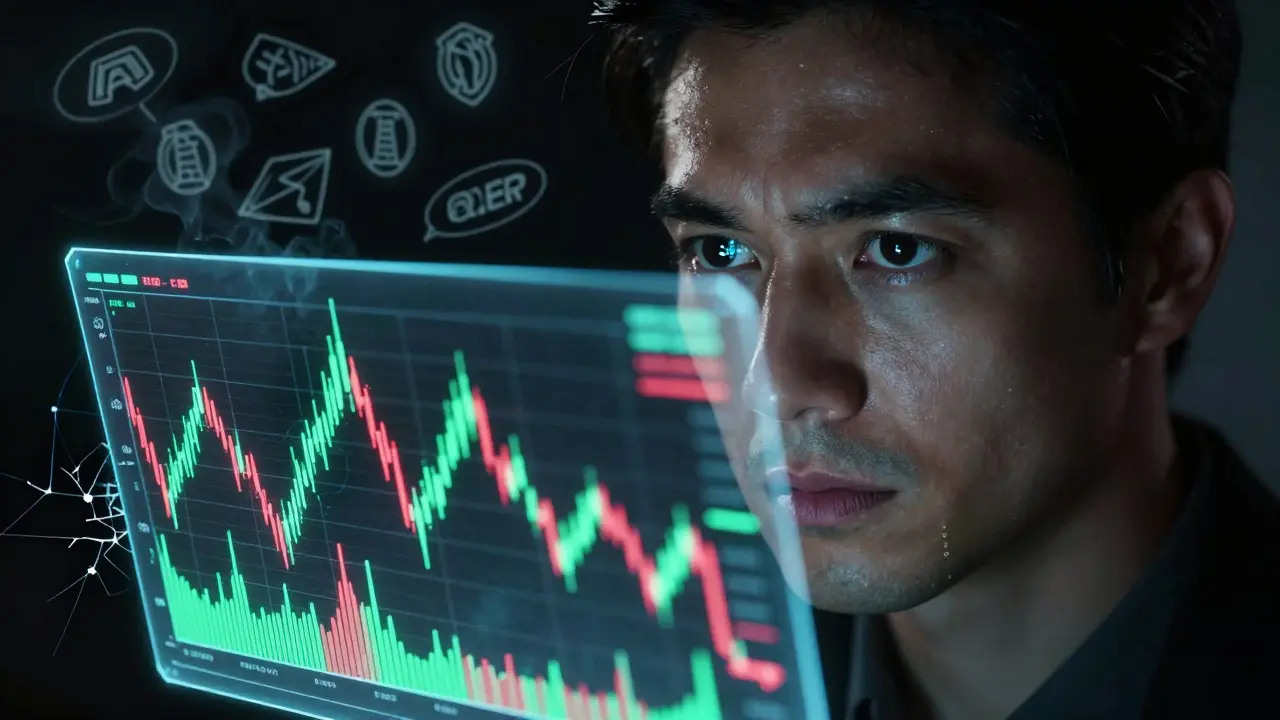 Trader analyzing volatile crypto chart with risk symbols