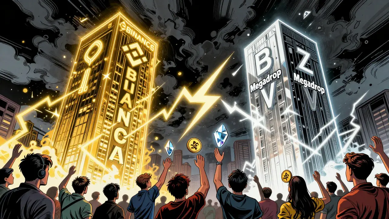 Two exchange towers distributing SHARDS tokens to gamers in comic art