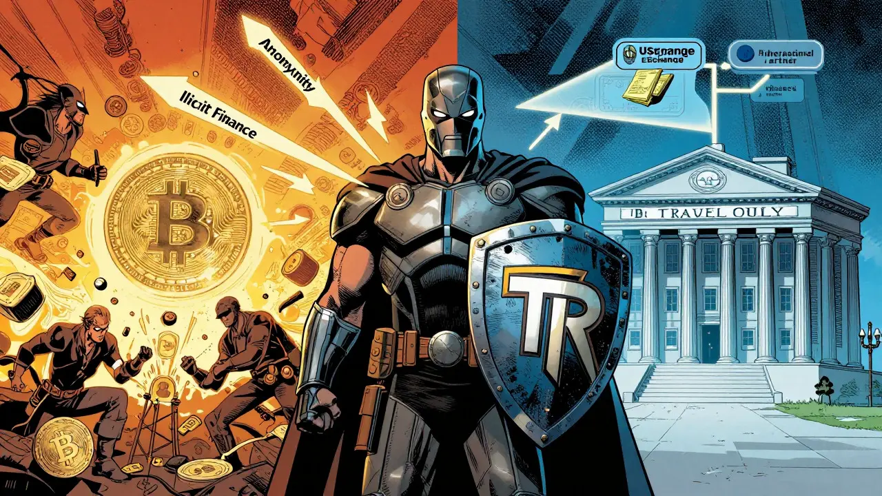 Armored guardian blocking illicit flows with a shield, connecting secure exchanges globally.