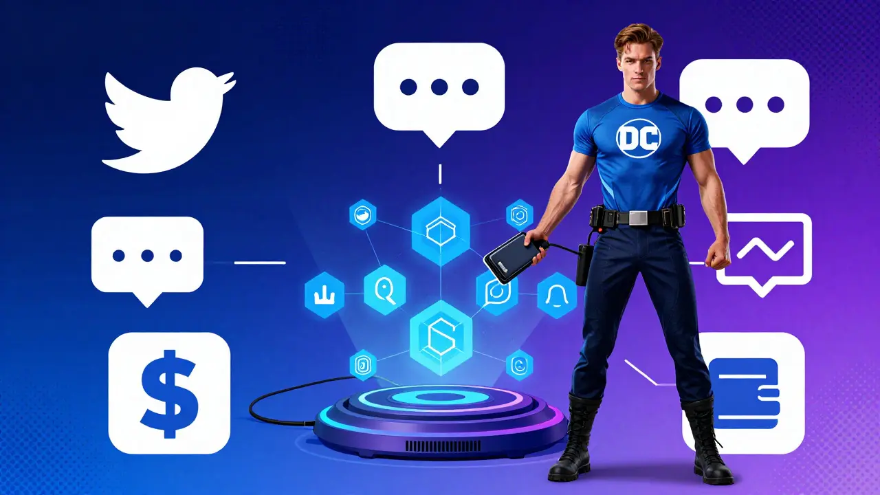 Character connecting wallet to social media and blockchain hubs