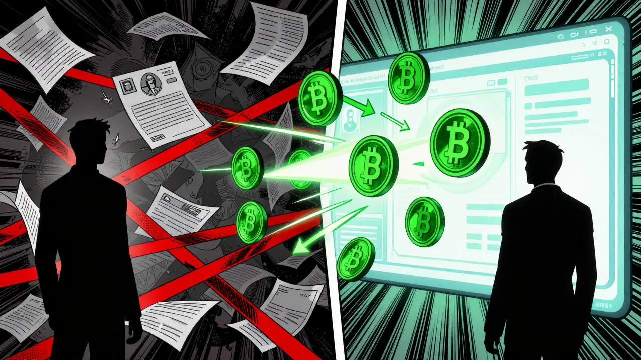 Comic art comparing slow banks vs fast crypto transfers
