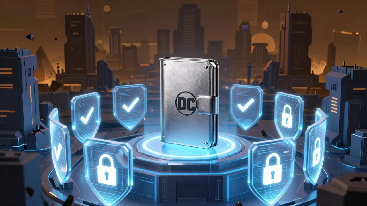 Comic art of a secure hardware wallet protected by holographic shields against scams.