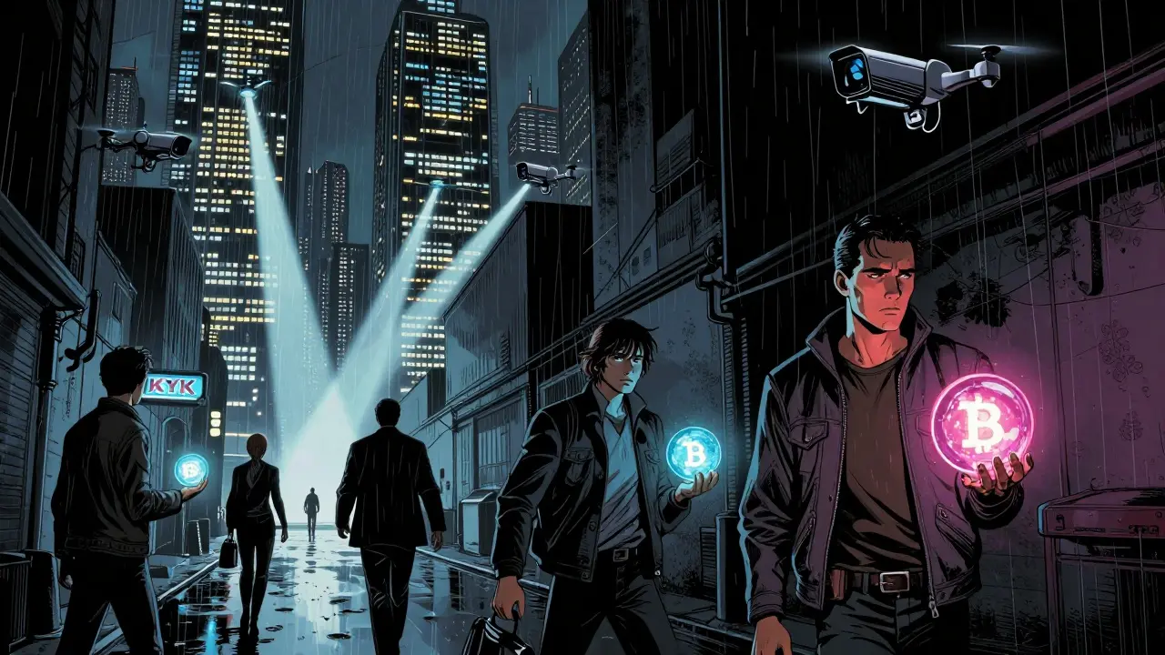Comic art of citizens using hidden wallets while corporations trade internationally