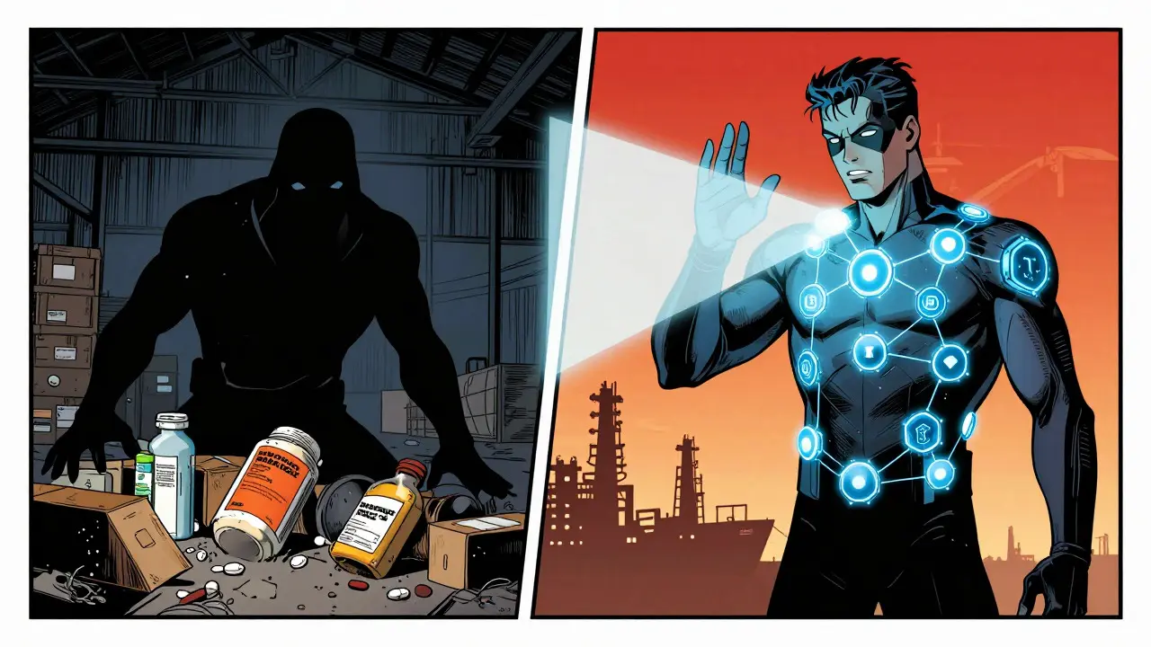 Comic art showing blockchain transparency exposing waste and fraud in supply chains