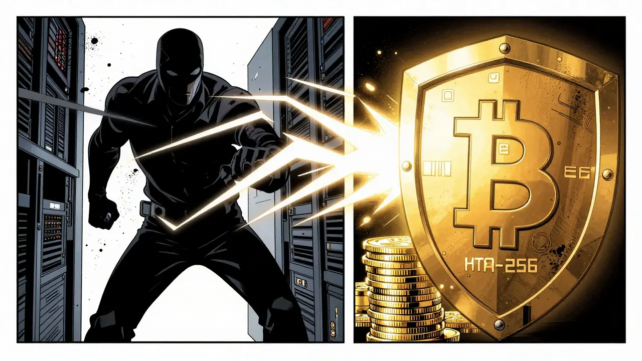 Comic book art of a security shield defending crypto assets from hackers.