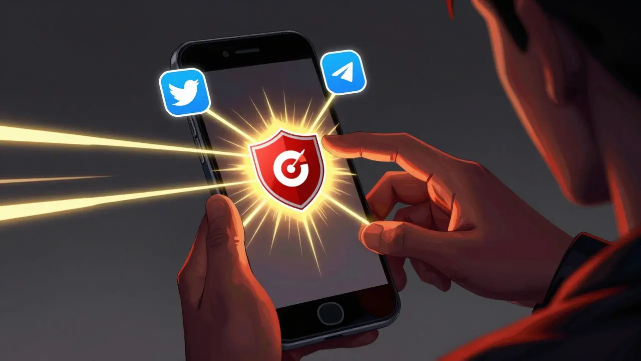 Comic book art showing social links connecting to a crypto platform shield