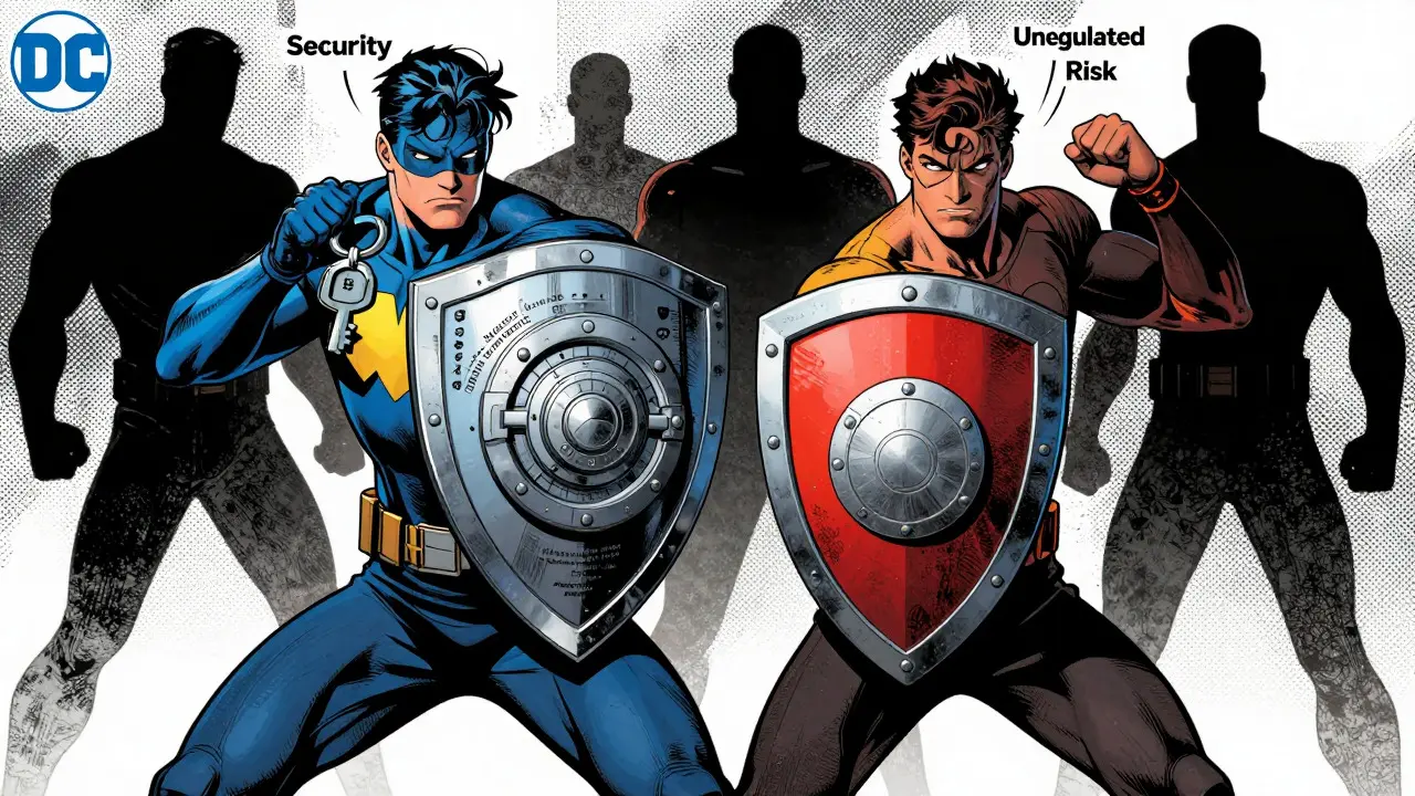 Comic book illustration of security vs unregulated risk on crypto exchange