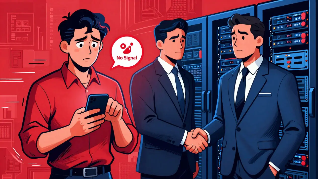 Contrast between frustrated mobile user and confident institutional investor shaking hands.