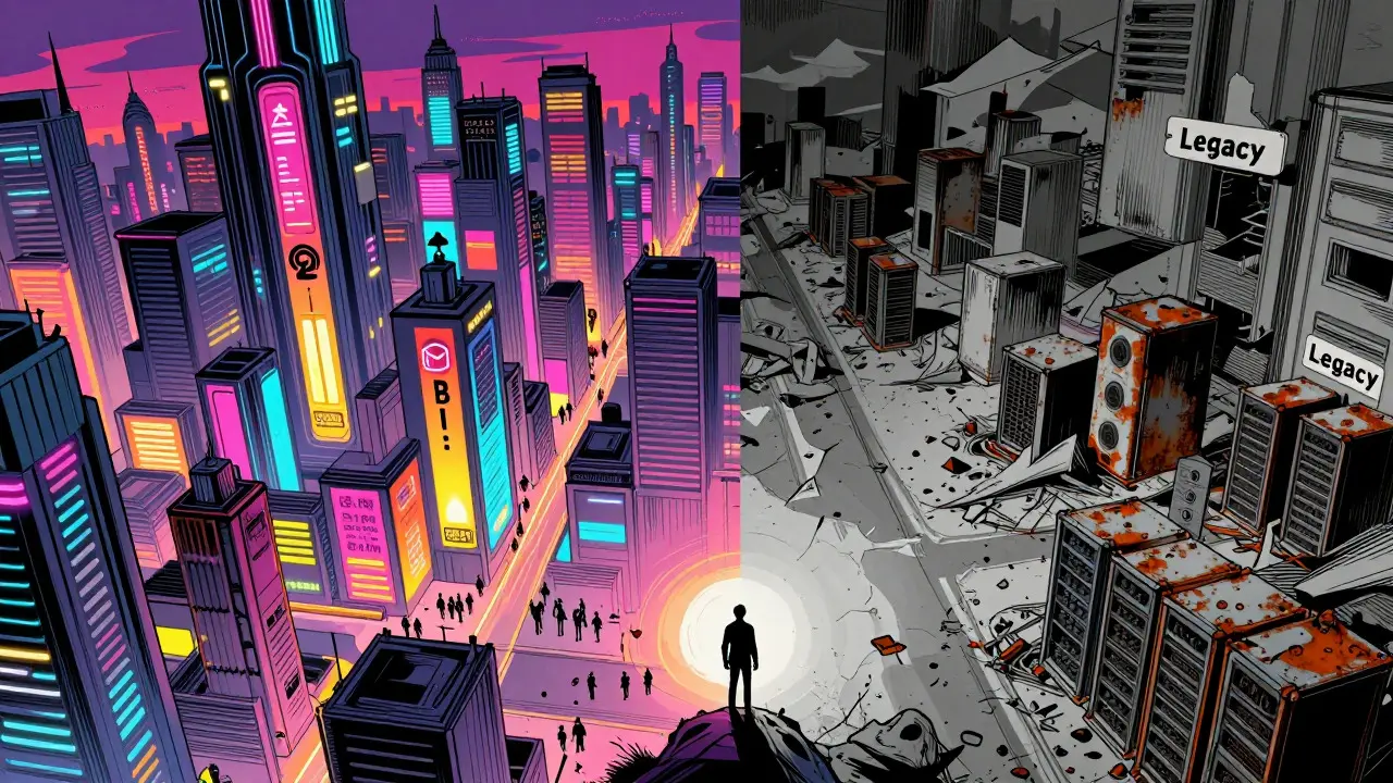 Contrast between vibrant modern crypto city and abandoned legacy zone