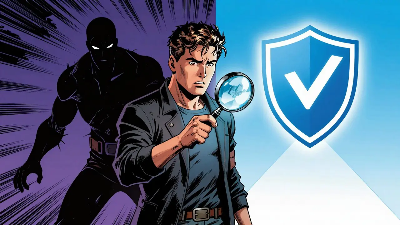 Crypto trader choosing safe path over scams in DC comic art