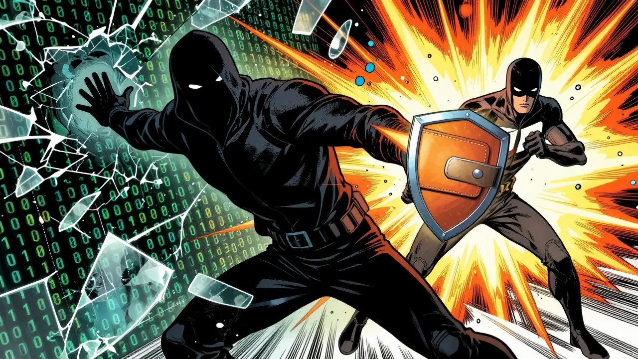 DC style illustration of a hacker stealing from a digital wallet amidst code chaos.