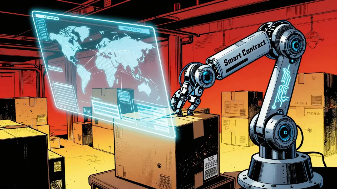 DC style illustration of automated smart contracts in a modern logistics hub