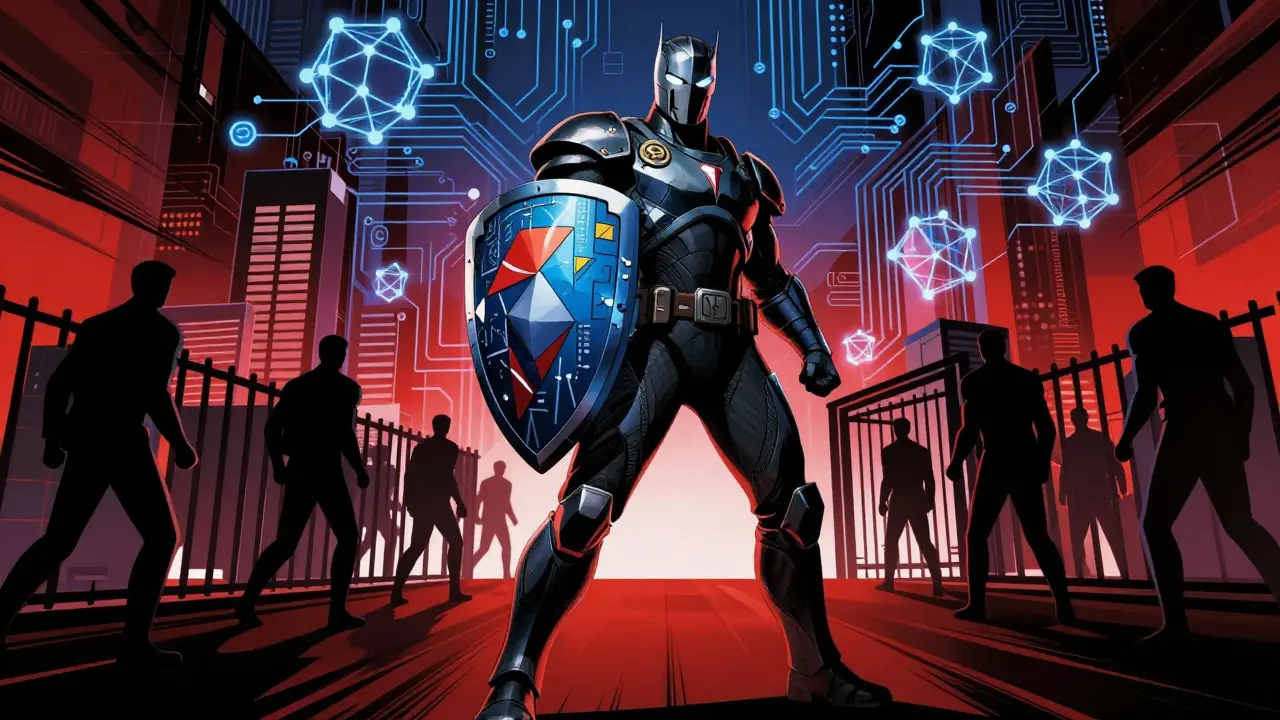 DC style illustration of central bank guardian blocking small businesses from crypto