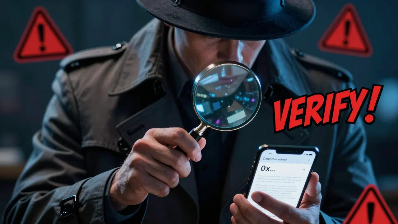 Detective inspecting crypto contract address with magnifying glass