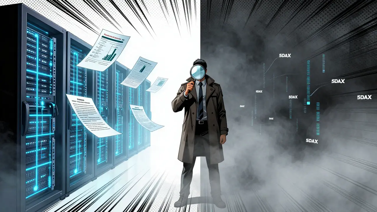 Detective investigating missing crypto data in DC comic style