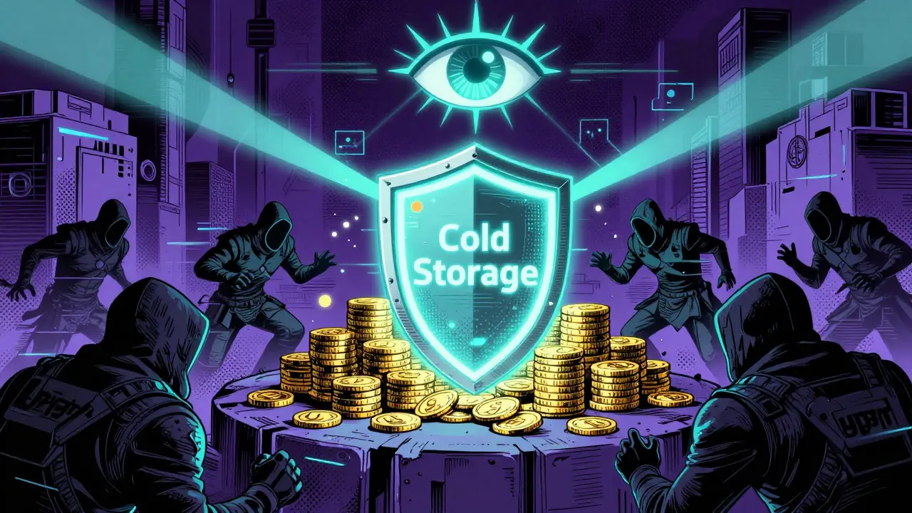 Digital fortress protecting crypto assets from hackers with AI surveillance.