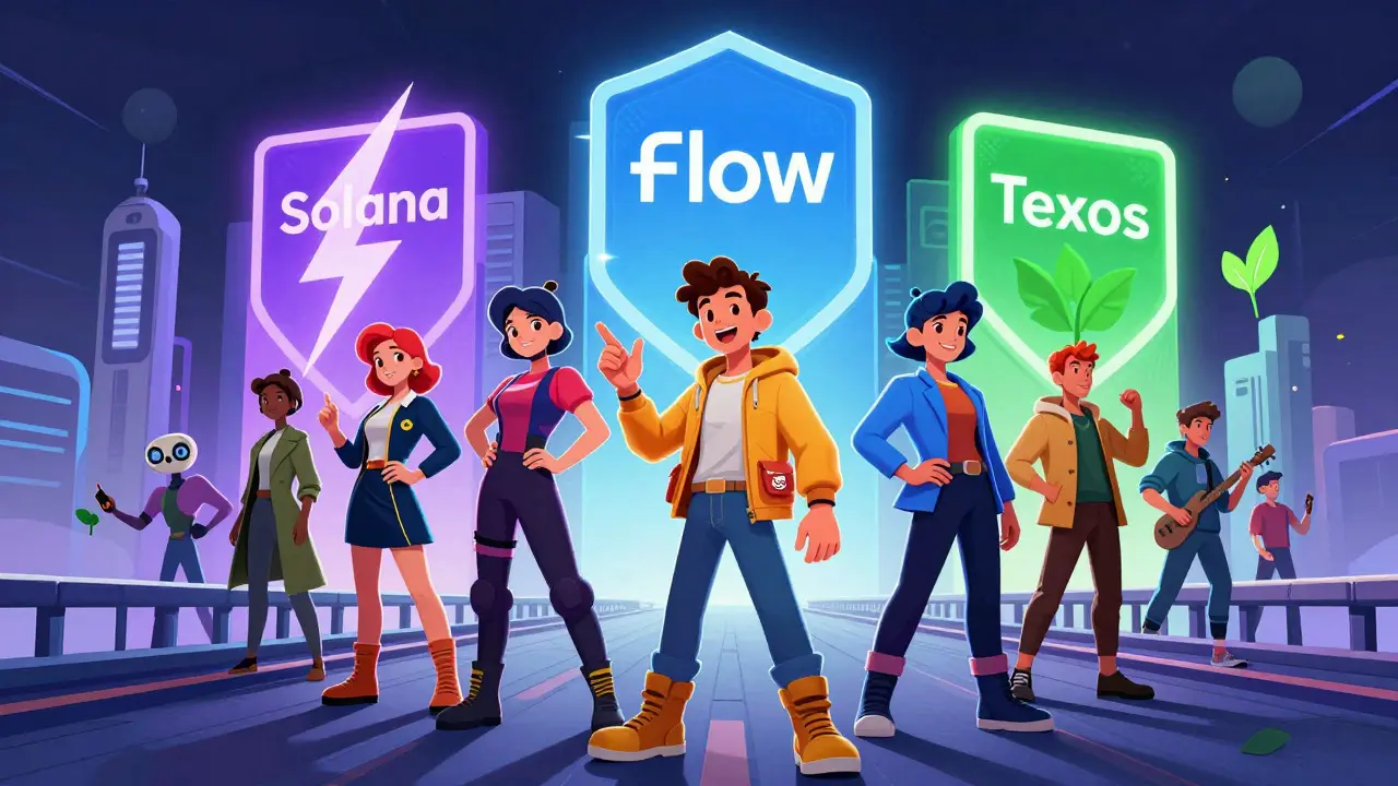 Digital NFT characters interacting on a bridge between blockchain networks.