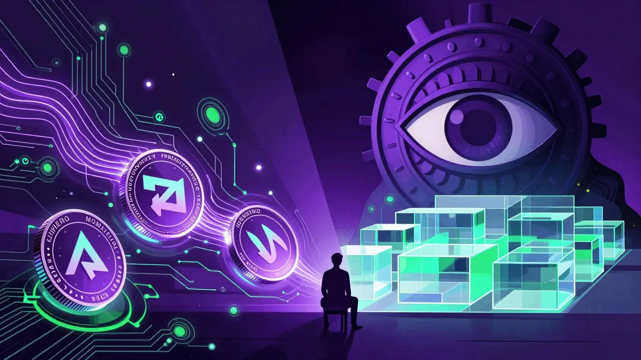 Digital privacy coins flowing away from government surveillance symbols.