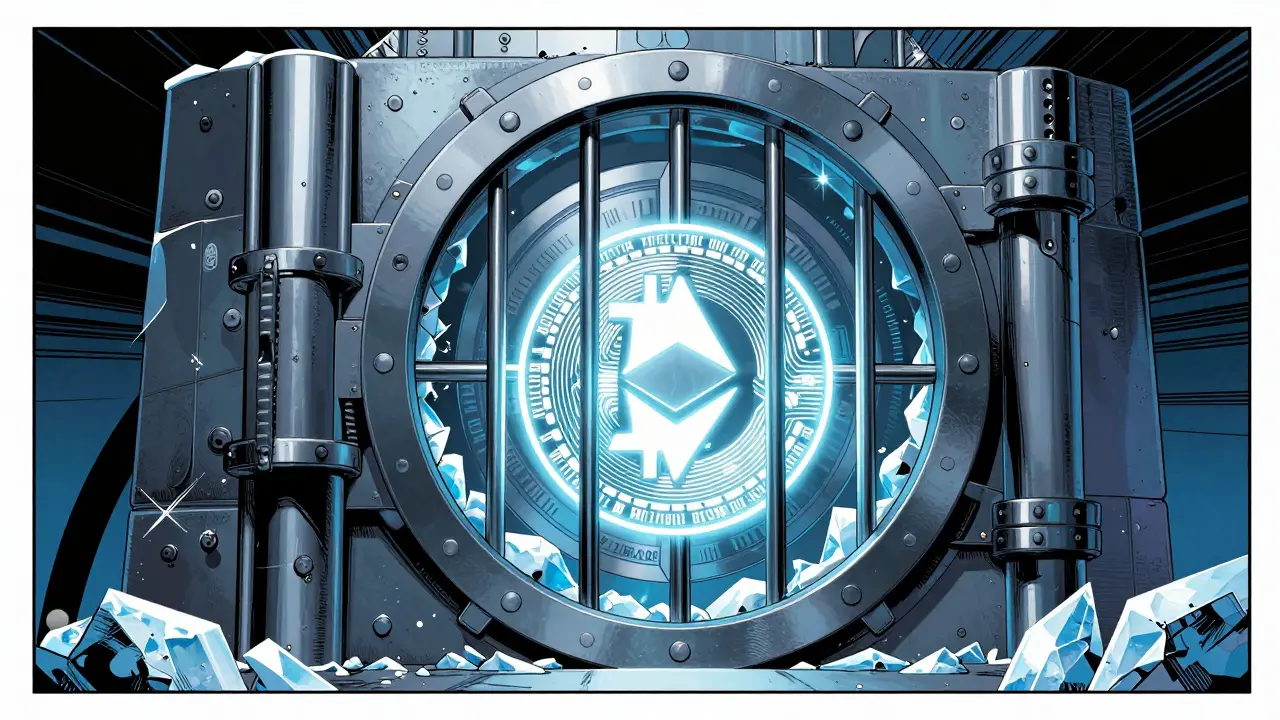 Digital vault protecting Bitcoin and Ethereum with strong security measures and regulatory shields.