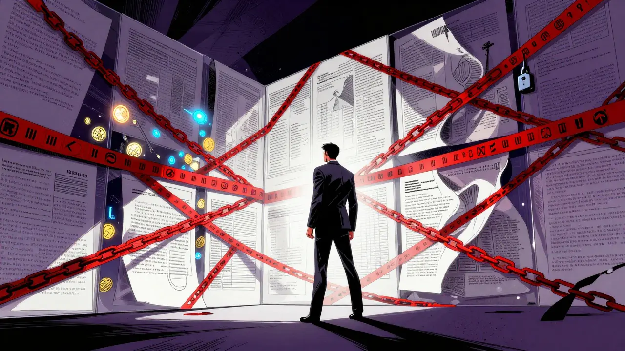 Figure facing a wall of red tape and regulatory barriers