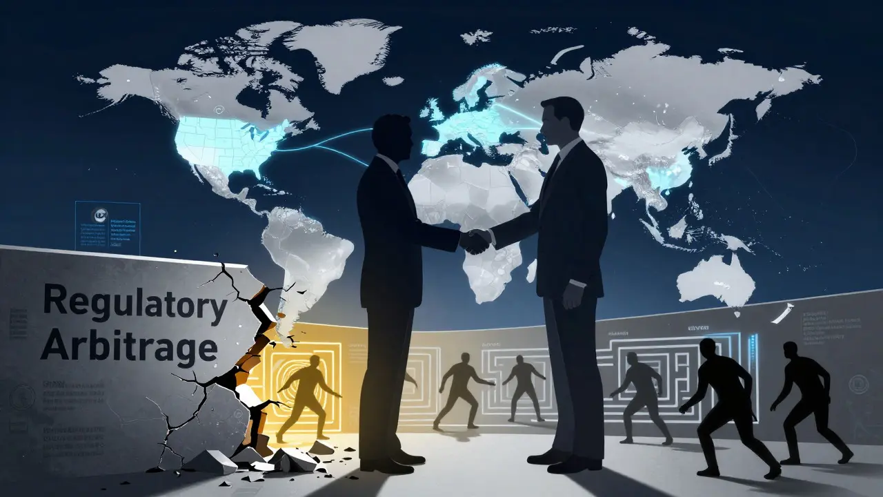 Global officials shaking hands over a holographic map, cracking down on regulatory arbitrage.