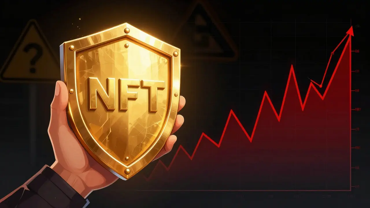Golden NFT shield contrasting with volatile market shadows