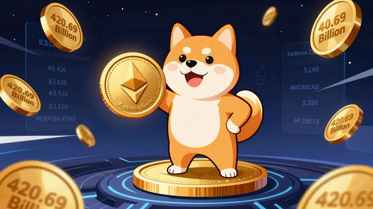 Heroic Shiba Inu standing on blockchain with floating tokens