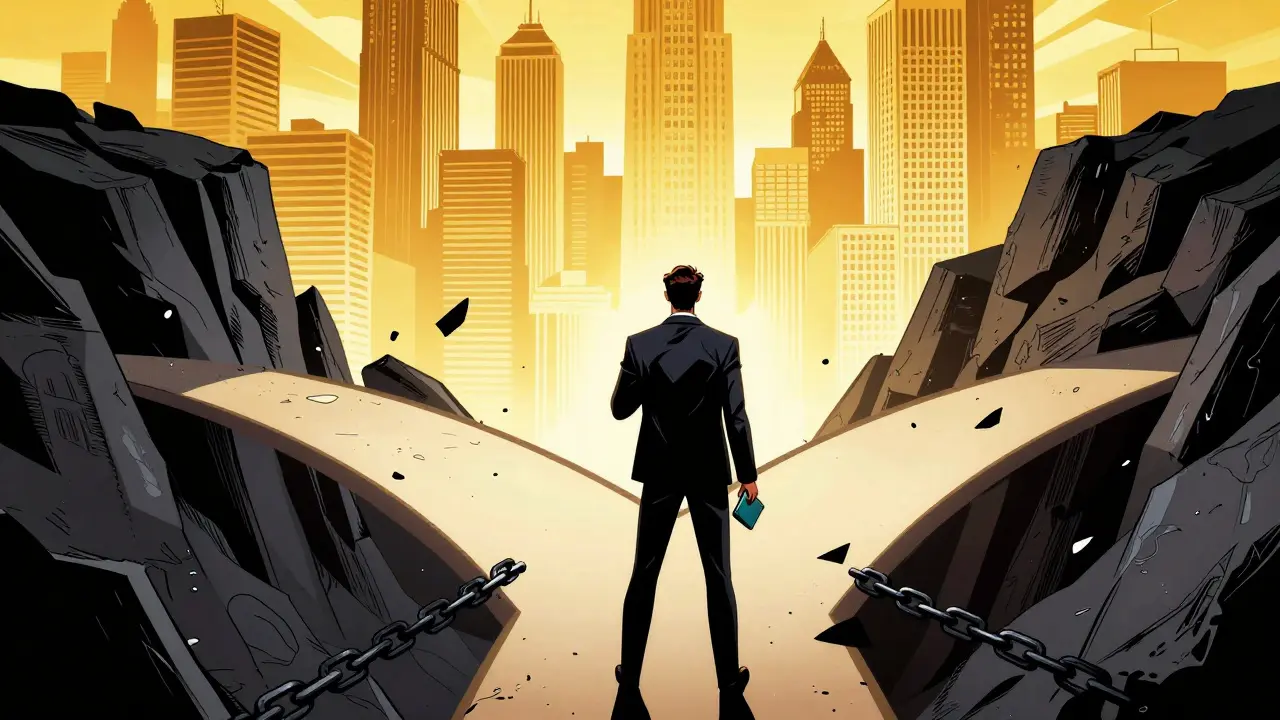 Investor choosing safe path over risky dark alley in DC style