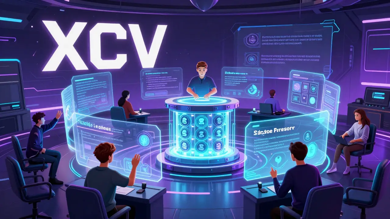 Players engaging with holographic XCV token interfaces