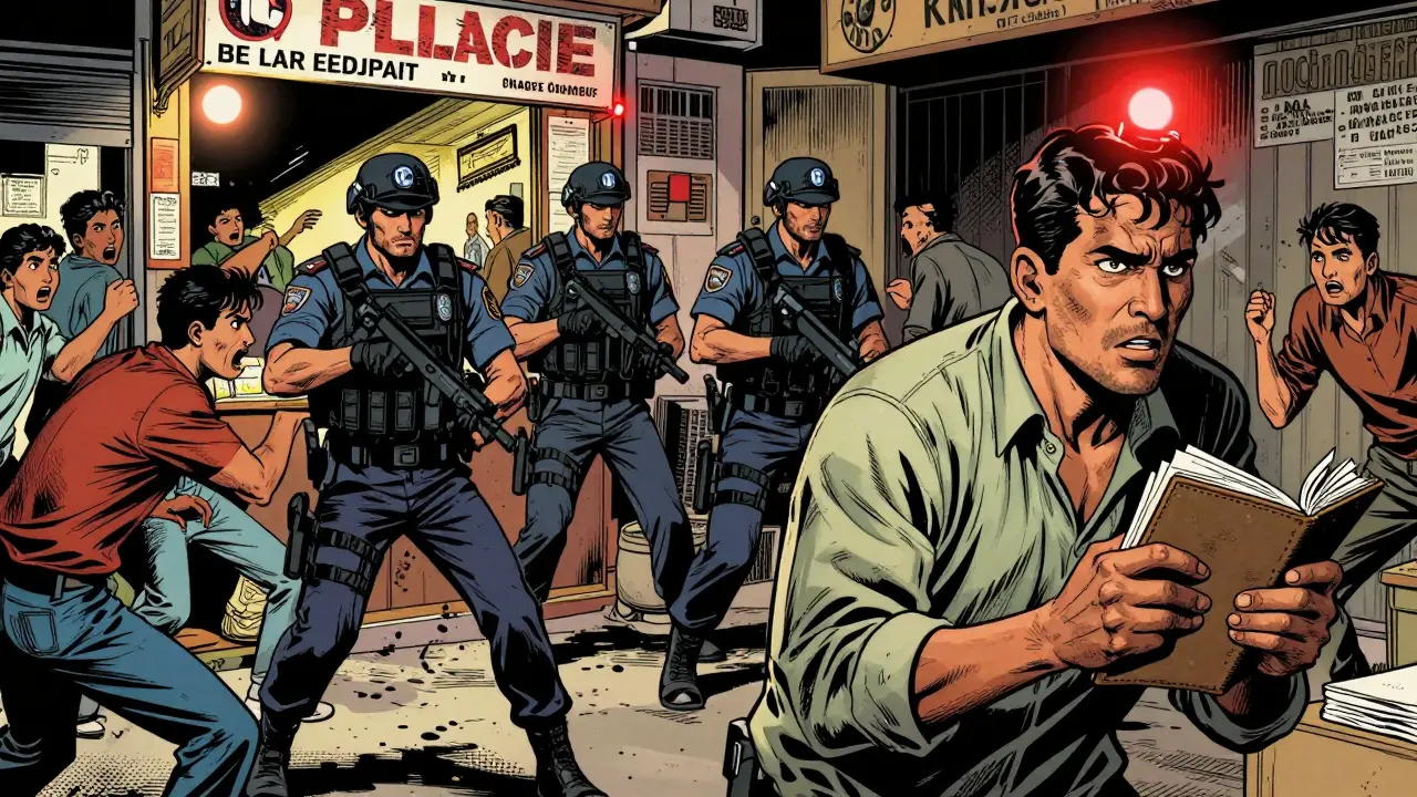 Police raiding a shop while a trader hides assets, showing enforcement risks.