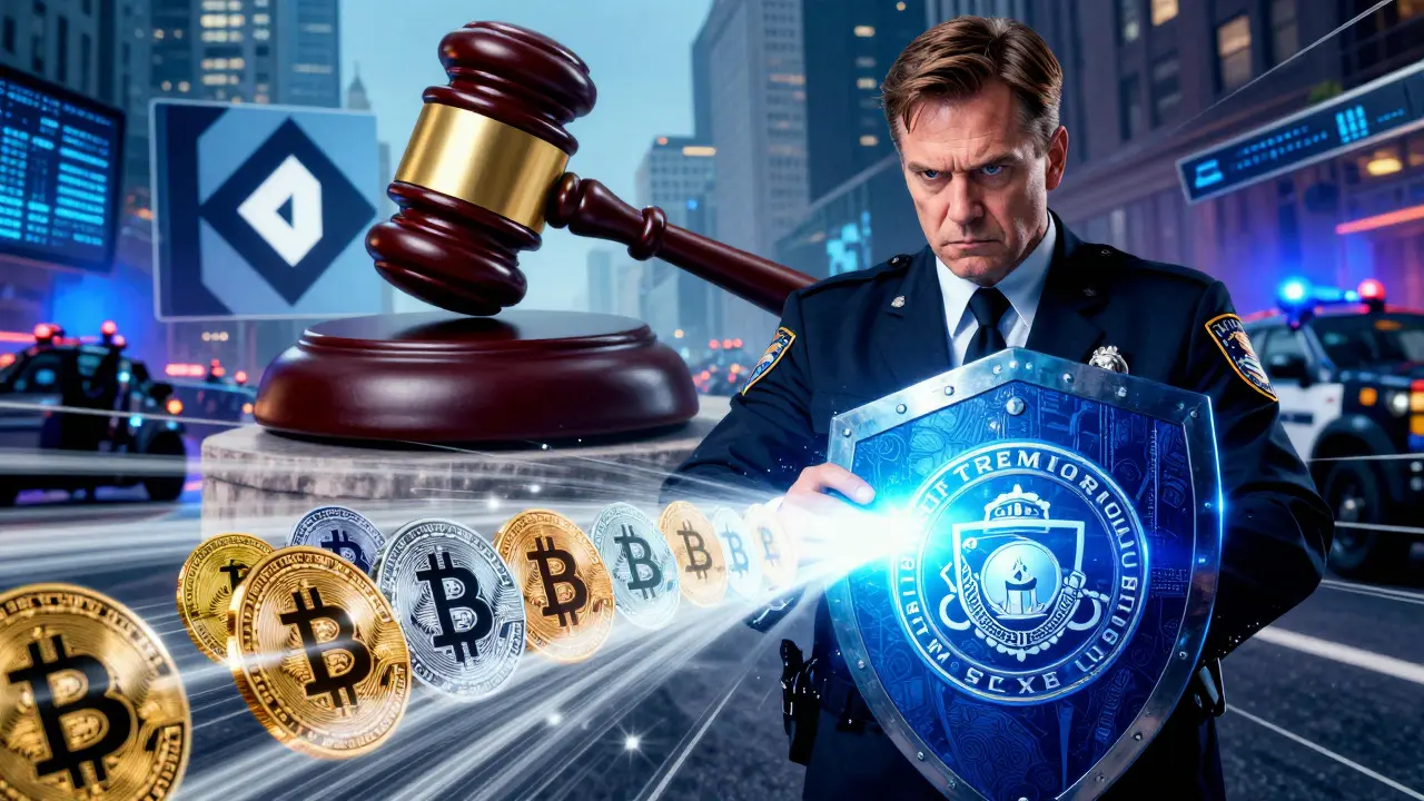 Regulator blocking mixed crypto tokens with shield in comic art