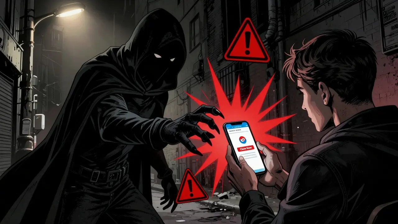 Shadowy scammer reaching for a user's phone in a dark alley