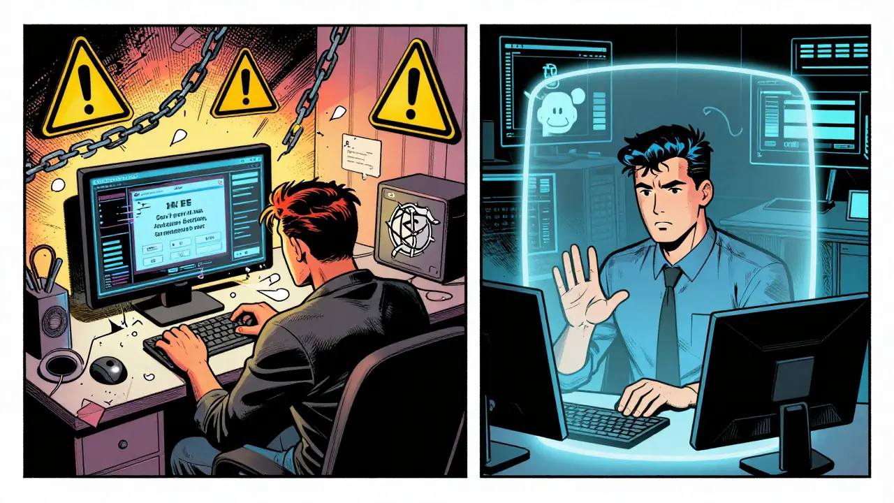Split panel showing risky vs safe VPN usage, DC comic style