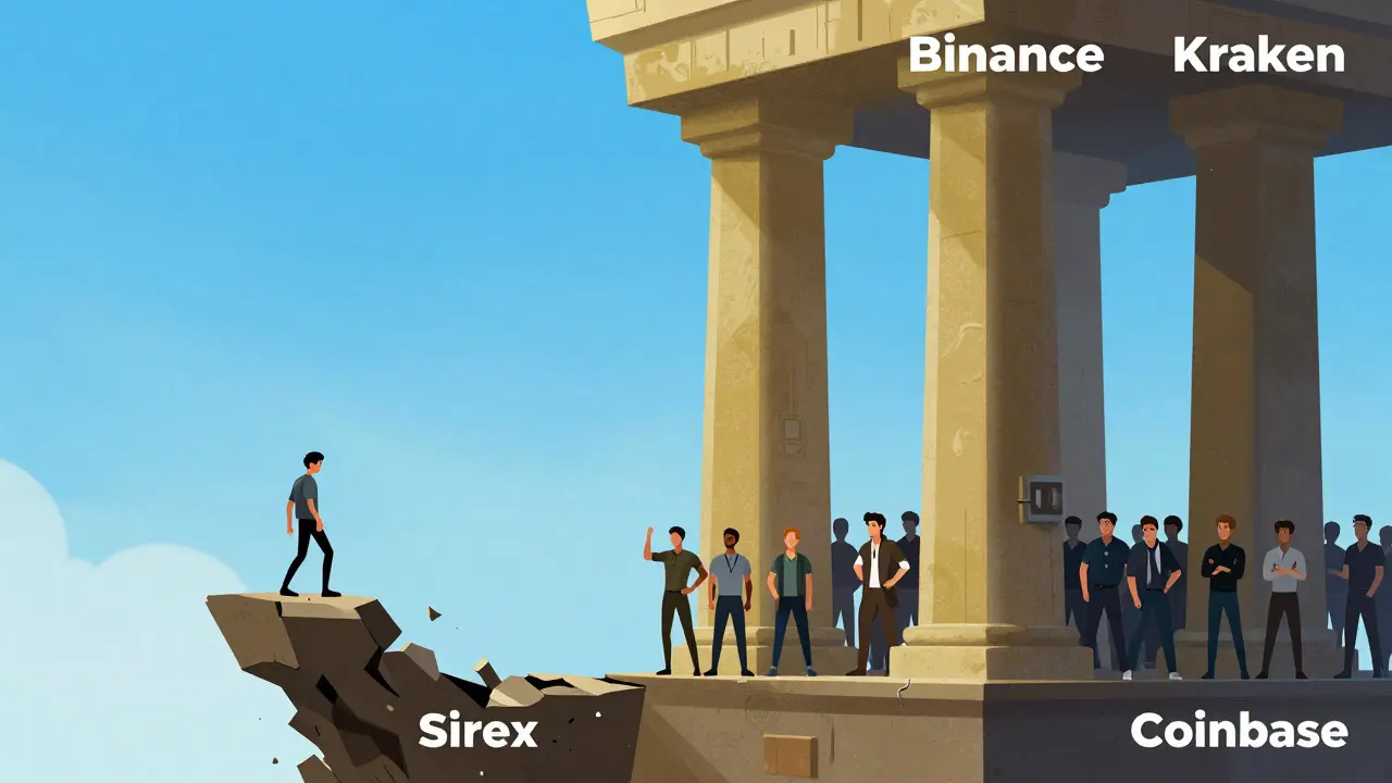 Split screen comparing risky Sirex platform to stable major exchanges