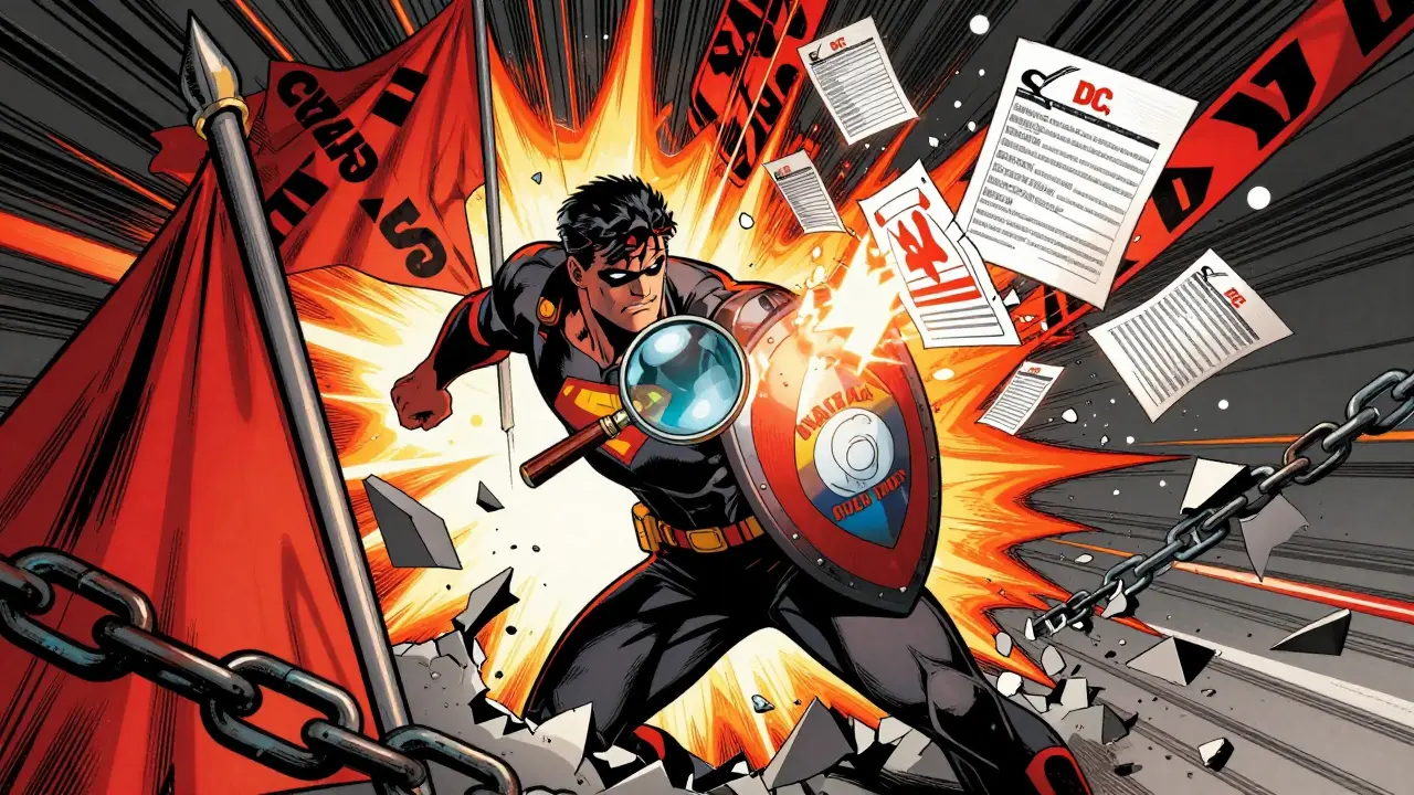 Superhero breaking through red warning flags and broken chains
