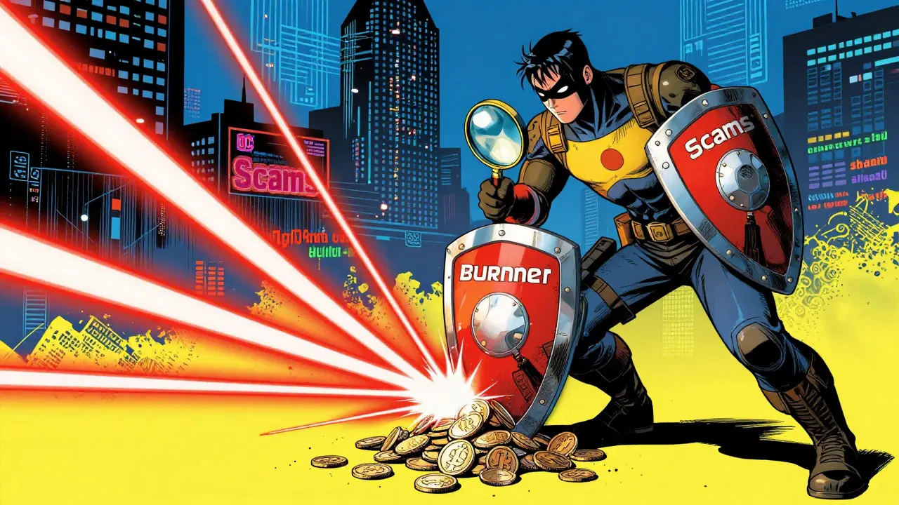 Superhero guarding wallet fortress against scam lasers
