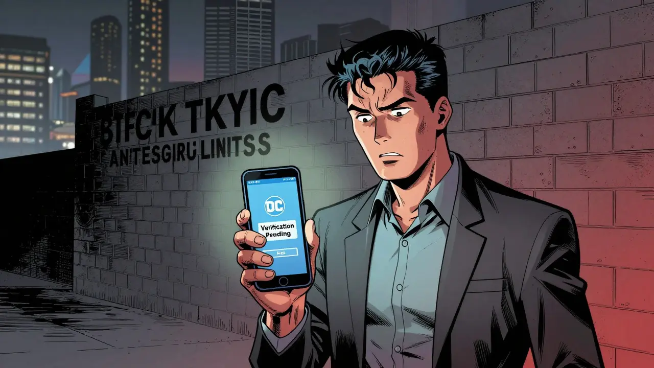 Trader facing bureaucratic barriers representing strict KYC verification delays.