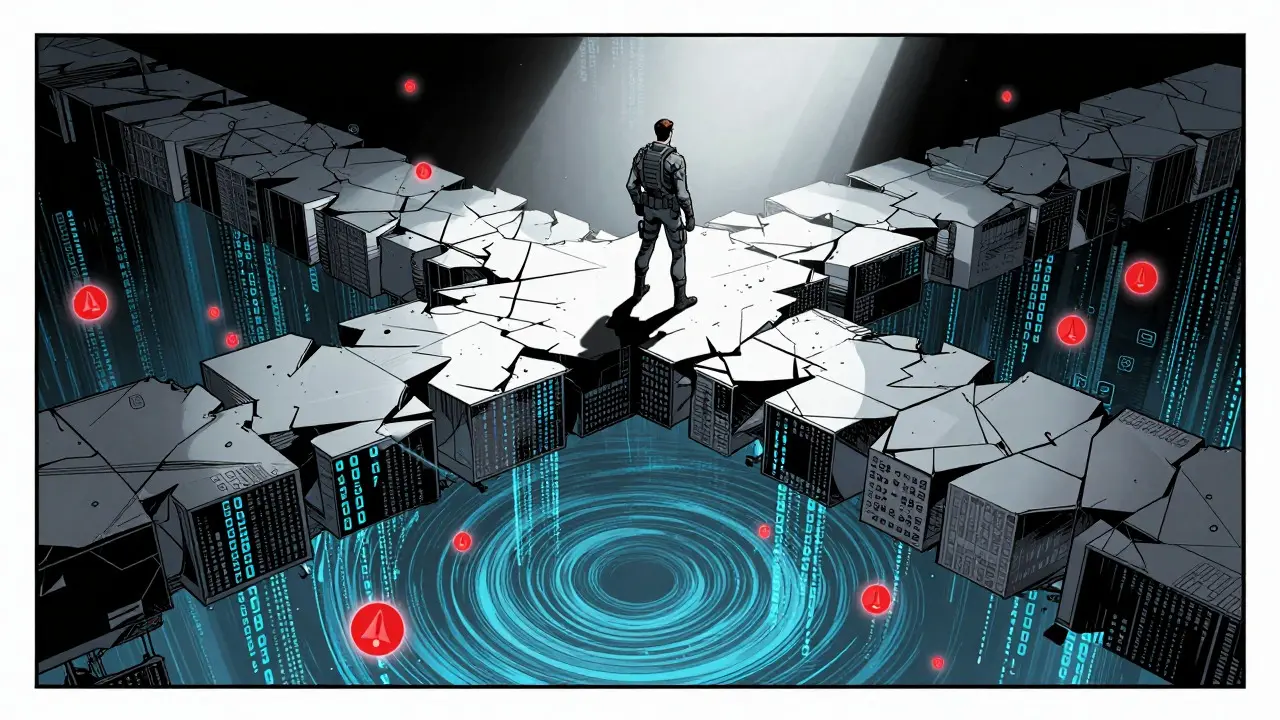 Trader on crumbling digital bridge over abyss in DC comic style