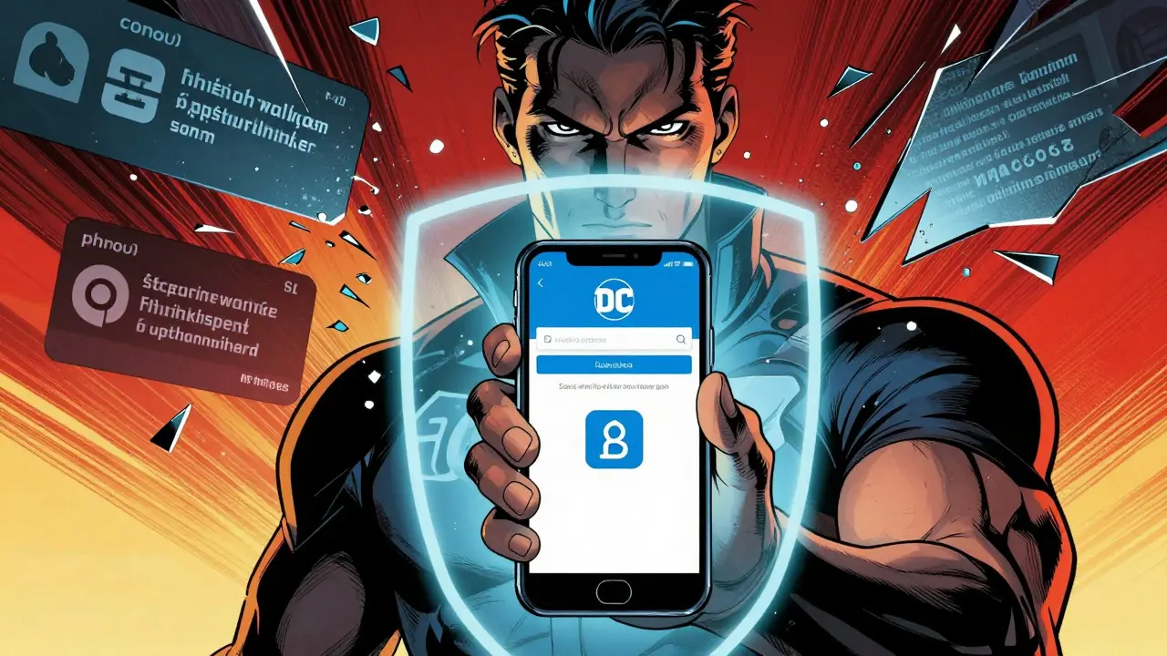 User protected by shield against crypto scams in DC comic style